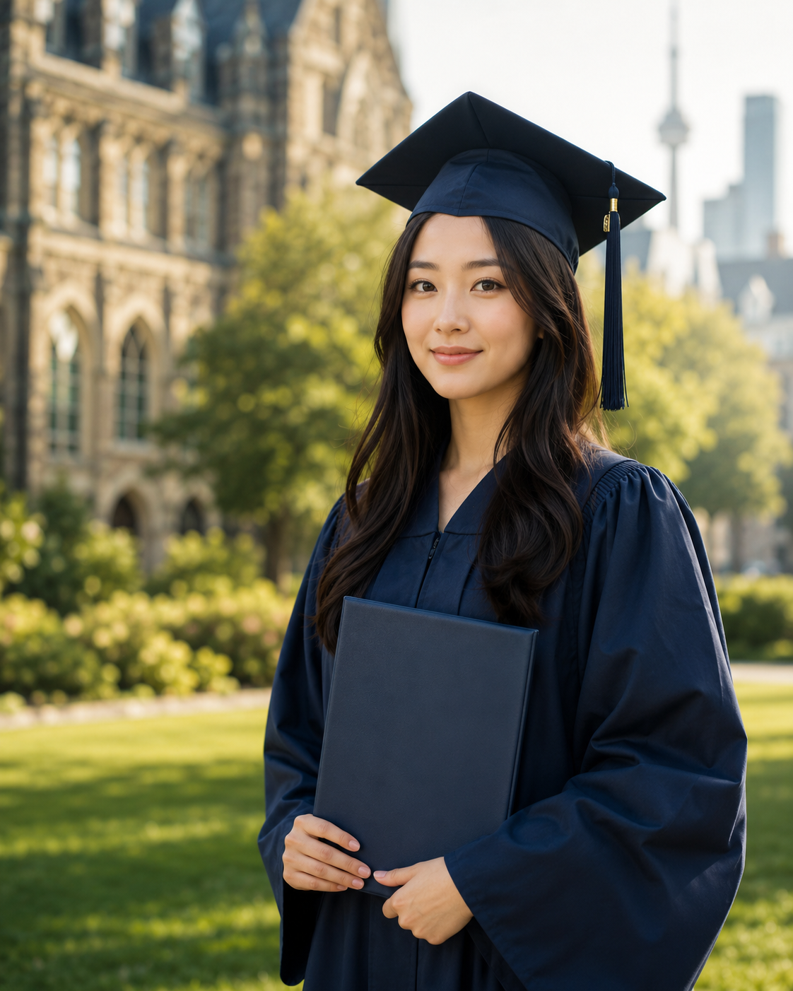 A woman wearing a navy blue graduation cap and gown holds a diploma folder outdoors in front of a historic stone building and green trees.