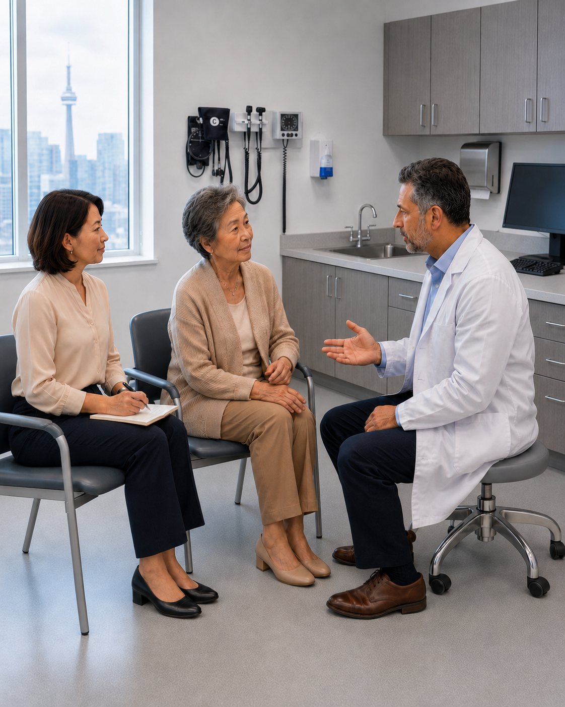 A doctor in a white lab coat sits on a rolling stool in a clinic room, talking with an elderly woman and a woman seated in chairs. Medical equipment, cabinets, and a window with a city skyline are visible in the background.