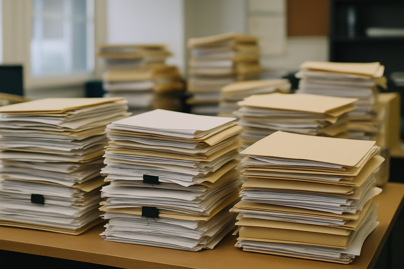 stacks of papers and files waiting to be processed